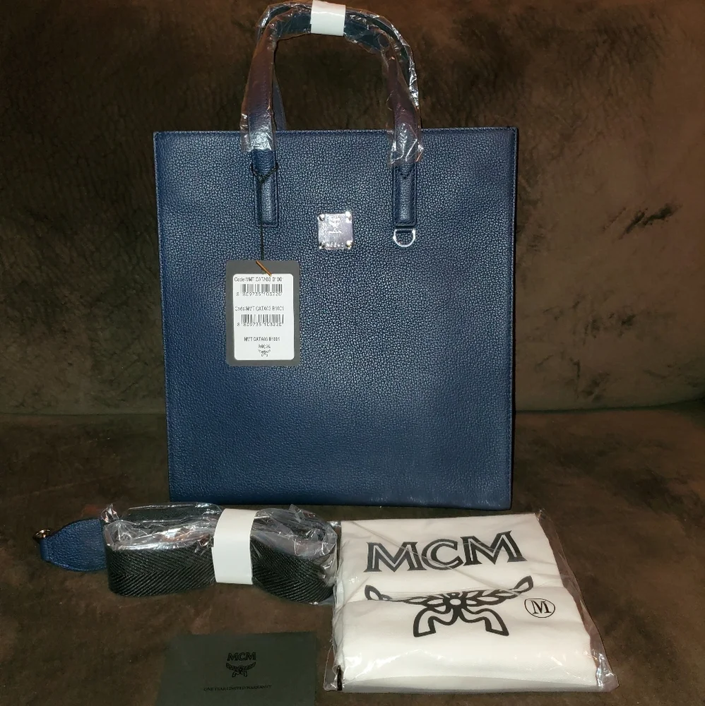 MCM Navy/Black Leather Messenger Tote Bag with Camo/Floral Print - Picture 14 of 17